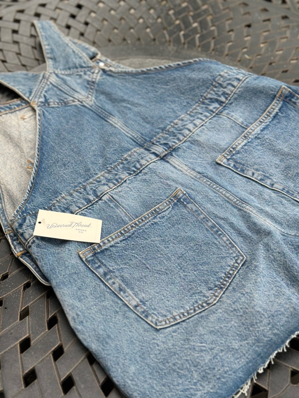 Universal Thread Blue Denim Distressed Overall Shorts Front Back Pockets - Picture 8 of 11